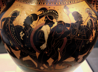 Attic Black-Figure Amphora ca. 510 BCE, depicting Aias carrying the mortally wounded Achilles out of the battlefield.
