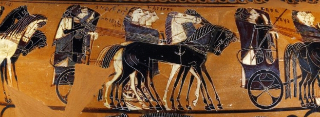 Detail from the ancient Greek Black-Figure "Sophilos Dinos" (wine-bowl), ca. 580-570 BCE depicting the arrival of guests to the wedding of Thetis and Peleus, the future parents of Achilles. The first chariot in the procession is carrying Zeus and Hera, and the second is carrying Poseidon and Amphitrite. Source: Wikimedia Commons