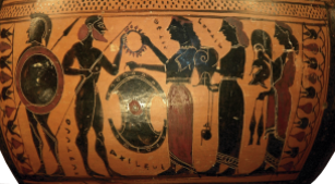 Detail of an Attic Black-figure Hydria, ca. 575-550 BCE, depicting Thetis delivering the new armor to Achilles. Source: Wikimedia Commons