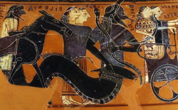 Detail of the ancient Greek Black-Figure "Sophilos Dinos" (wine-bowl), ca. 580-570 BCE depicting guests attending the wedding of Thetis and Peleus, future parents of Achilles. Athena and Artemis are seen riding in the chariot, followed by Thetis' grandfather, the fish-tailed sea-god Okeanos, his wife Tethys, and Eileithyia, goddess of childbirth. Hephaistos brings up the rear, seated side-saddle on a mule.