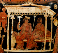 Detail View of an Apulian red-figure Volute Krater, ca. 320 BCE, attributed to the White Saccos Painter, depicting Hades and Persephone enthroned in the palace of the Underworld. Source: Wikimedia Commons