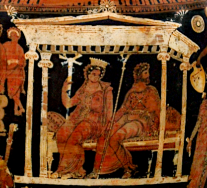 Detail View of an Apulian red-figure Volute Krater, ca. 320 BCE, attributed to the White Saccos Painter, depicting Hades and Persephone enthroned in the palace of the Underworld. Source: Wikimedia Commons
