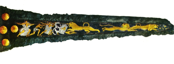 Late Bronze Age Mycenaean Bronze dagger, bronze with inlaid silver and gold depicting warriors hunting lions, ca. 16th century BCE. Source: Wikimedia Commons
