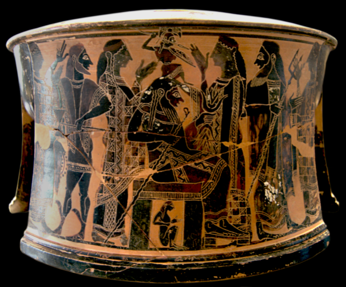 Attic Black-Figure Exaleiptron (tripod), ca. 570–560 BCE by the C Painter depicting the moment when Athena springs fully grown from the head of Zeus. Source: Wikimedia Commons