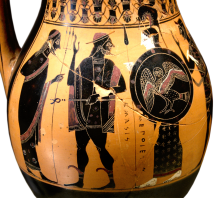 Attic Black-Figure Olpe, ca. 540 BCE signed by the Amasis potter and attributed to Amasis painter. Depicting the entry of Herakles to Olympos, this view shows (from left to right) Poseidon, Hermes, Athena, and Herakles. The inscription reads (translated) "Amasis made me." Source: Wikimedia Commons