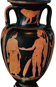 Apulian Red-Figure Amphora ca. 430-410 BCE depicting Achilles and Briseis. Source: Wikimedia Commons