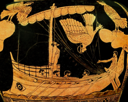 Detail from an Attic Red-Figure Stamnos, ca. 480-470 BCE depicting Odysseus and the Sirens. Source: Wikimedia Commons