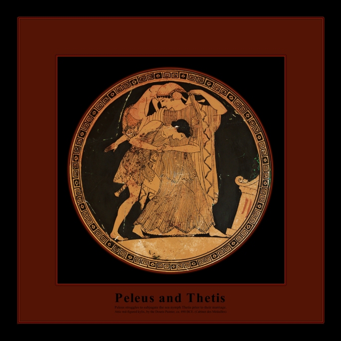 Attic red-figured kylix ca. 490 BCE by the Douris Painter, depicting the struggle of Peleus to subjugate the sea nymph Thetis prior to their marriage.