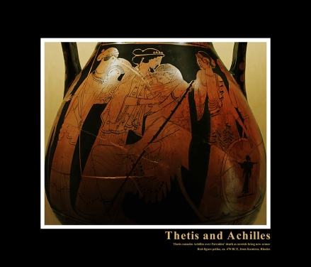 Ancient Greek Red-Figure Pelike ca. 470 BCE depicting Thetis consoling Achilles over the death of Patroklos. To the side can be seen Thetis’ sister Nereids waiting to present Achilles with his new armor.