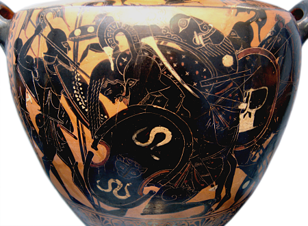 Attic Black-Figure Hydria ca. 500 BCE attributed to the Leagros Group depicting Aias carrying the body of Achilles out of battle. Source: Wikimedia Commons