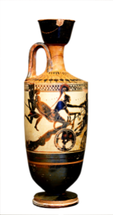 Attic White-ground Lekythos ca. 490 BCE by the Diosphos Painter depicting Achilles dragging Hektor's body behind his chariot. Notice also the winged 'spirit' of Patroklos flying alongside Achilles.