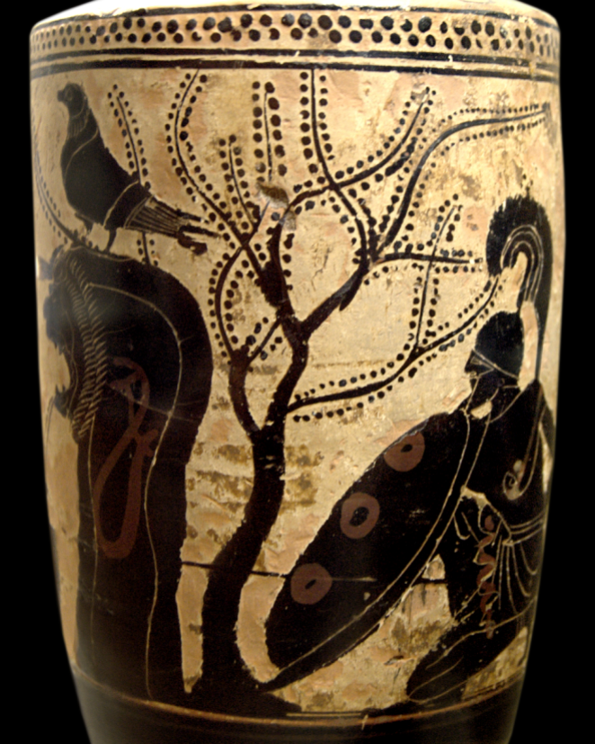 Attic black-figure white-ground lekythos, ca. 480 BCE by the Athena Painter depicting Achilles hiding in order to ambush Polyxena as she comes to the public water fountain. Source: Wikimedia Commons