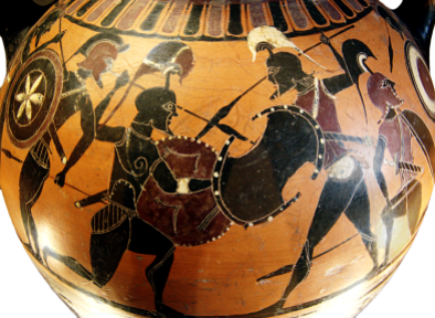 Attic Black-figure amphora ca. 570 BCE Depicting enemy warriors engaging in battle. Source: Wikimedia Commons