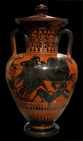 Attic Black-figure Amphora ca. 530 BCE, Depicting horses trampling a warrior in battle. Source: Wikimedia Commons