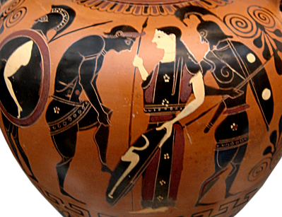 Detail of Side B from an Attic black-figure amphora, ca. 530 BCE painted in the manner of the Lysippides Painter depicting a young warrior arming with the assistance of a woman. Source: Wikimedia Commons