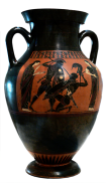 Attic Black-figure Amphora ca. 585 BCE by unidentified painter depicting two warriors in battle, possibly Achilles and Hektor, with the mother of each, Thetis and Hecuba in this case, to left and right of the warriors.