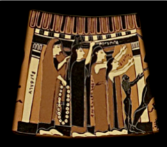 Detail from the Amphiaraos Krater ca. 570 BCE depicting women beside a columned porch waving goodbye to Amphiaraos. Source: Wikimedia Commons