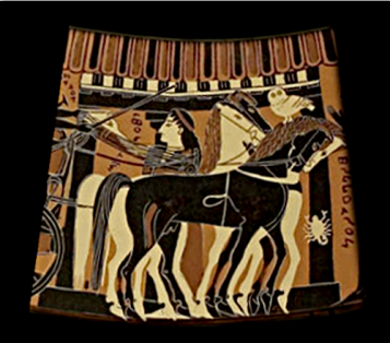 Detail from the Amphiaraos Krater ca. 570 BCE depicting horses and a woman beside a columned portico. Source: Wikimedia Commons