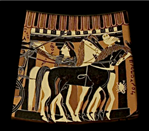 Detail from the Amphiaraos Krater ca. 570 BCE depicting horses and a woman beside a columned portico. Source: Wikimedia Commons
