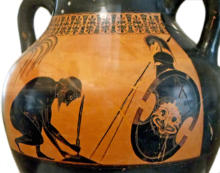 Attic Black-Figure Amphora ca. 530 BCE attributed to the painter Exekias, depicting the suicide of Telamonian Aias (Ajax) after Odysseus wins Achilles' glorious armor in a competition with Aias. Source: Wikimedia Commons