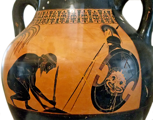 Attic Black-Figure Amphora ca. 530 BCE attributed to the painter Exekias, depicting the suicide of Telamonian Aias (Ajax) after Odysseus wins Achilles' glorious armor in a competition with Aias. Source: Wikimedia Commons