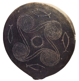 Early Cycladic II era clay "frying-pan" ca. 2700-2500 BCE depicting the sun surrounded by ocean waves and fish. Source: Wikimedia Commons