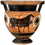 Attic Black-Figure Column Krater depicting Odysseus escaping underneath a ram. Source: Wikimedia Commons