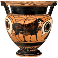 Attic Black-Figure Column Krater depicting Odysseus escaping underneath a ram. Source: Wikimedia Commons