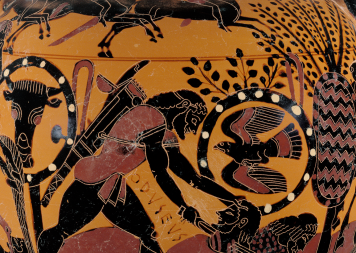 Chalkidian Black-Figure Neck Amphora ca. 540 BCE depicting Odysseus slaying Diomedes by the Inscription Painter (Chalcidian). Source: Wikimedia Commons