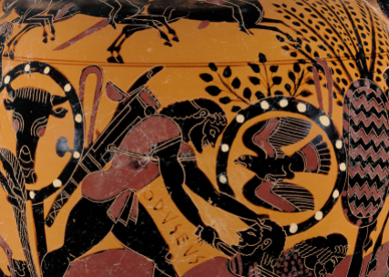 Chalkidian Black-Figure Neck Amphora ca. 540 BCE depicting Odysseus slaying Diomedes by the Inscription Painter (Chalcidian). Source: Wikimedia Commons