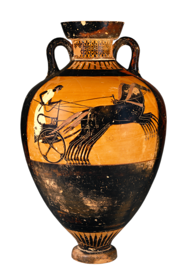 Attic Black-figure Amphora ca. 490-480 BCE by the Kleophrades Painter depicting the 4-horse chariot racing competition. Typically filled with olive oil, this type of trophy was awarded to chariot race winners at the Panathenaic Games in Athens. Source: Wikimedia Commons