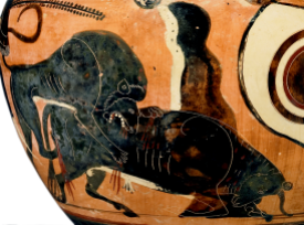 Detail of Attic Black-Figure Column Krater, ca. 525 BCE depicting a lion attacking a bull. Source: Wikimedia Commons