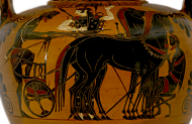 Detail of Attic Black-Figure Amphora ca. 530 and 520 BCE depicting a warrior mounting his chariot to depart for war. Source: Wikimedia Commons