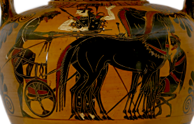 Detail of Attic Black-Figure Amphora ca. 530 and 520 BCE depicting a warrior mounting his chariot to depart for war. Source: Wikimedia Commons