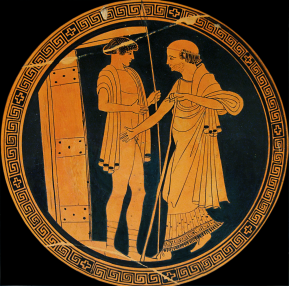 Attic Red-Figure Kylix (interior) ca. 480 BCE by the Briseis Painter depicting King Priam entering Achilles' hut to ransom his dead son Hektor's body.