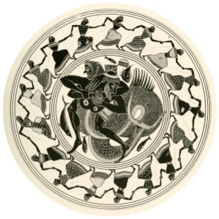 Illustration by Dugald Sutherland MacColl (British draftsman, 1859-1948) of a tondo from an Attic Black-Figure Kylix (ca. 550 BCE) discovered at Corneto. Published in Harrison, Jane Ellen and D.S. MacColl's "Greek vase paintings; a selection of examples, with preface, introduction and descriptions." London: T.F. Unwin, 1894. The image depicts maidens holding hands and dancing in a circle. In the center is depicted Herakles wrestling with Nereus, the Old Man of the Sea. Source: Wikimedia Commons