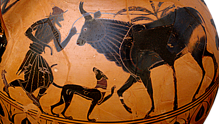 Greek Black-Figure amphora, ca. 540–530 BCE depicting Hermes and Io (in the form of a cow). Source: Wikimedia Commons
