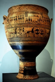Geometric Terracotta “Hirschfeld” Krater, ca. 750-735 BCE, Depicting a Funeral and Funeral Games. Source: Wikimedia commons