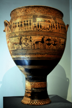 Geometric Terracotta “Hirschfeld” Krater, ca. 750-735 BCE, Depicting a Funeral and Funeral Games. Source: Wikimedia commons