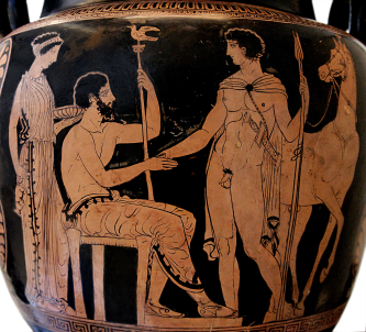 Apulian Red-Figured Volute-Krater ca. 410–400 BCE by the Sisyphus Painter depicting the arrival of a young warrior or hero. Source: Wikimedia Commons