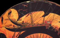Black-Figure terracotta vessel (date and artist unknown) depicting an ancient greek ship similar to the type described by Homer in the Iliad and the Odyssey. Source: Wikimedia Commons