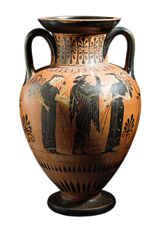 Attic Black-Figure Neck Amphora, ca. 510 BCE, depicting a man playing a lyre for women. Source: Wikimedia Commons
