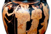 Attic red-figured amphora depicting Odysseus trying to hide his nakedness while seeking help from Princess Nausicaa of Skheria. Source: Wikimedia Commons