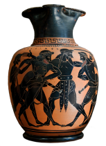 Attic Black-Figure Oinochoe by the Taleides Painter ca. 520 BCE, depicting Odysseus and Aias (Ajax) quarreling over Achilles' armor. Source: Wikimedia Commons