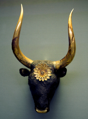 Mycenaean Rhyton in the shape of a bull's head, ca. 16th century BCE crafted of bronze, inlaid with semi-precious stones, and gilded. Source: Wikimedia Commons