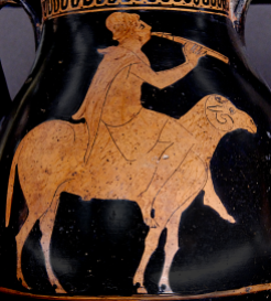 Attic red-figure pelike, ca. 470 BCE depicting a shepherd riding on the back of a ram while playing the aulos, or double flute. Source: Wikimedia Commons