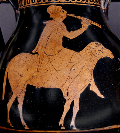 Attic red-figure pelike, ca. 470 BCE depicting a shepherd riding on the back of a ram while playing the aulos, or double flute. Source: Wikimedia Commons
