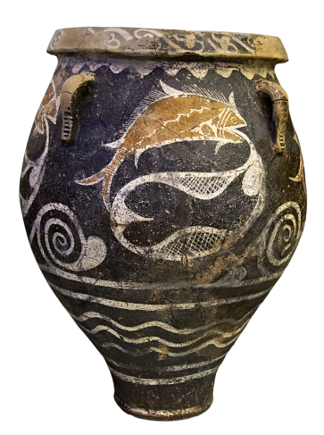 Minoan-era Terracotta Pithos, ca. 1800-1700 BCE depicting ocean wave patterns and fish caught in a net. Source: Wikimedia Commons