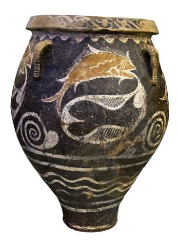 Minoan-era Terracotta Pithos, ca. 1800-1700 BCE depicting ocean wave patterns and fish caught in a net. Source: Wikimedia Commons