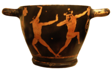 Attic Red-Figure Skyphos, ca. 470 - 460 BCE depicting two young men performing acrobatic stunts at a symposium. Source: Wikimedia Commons